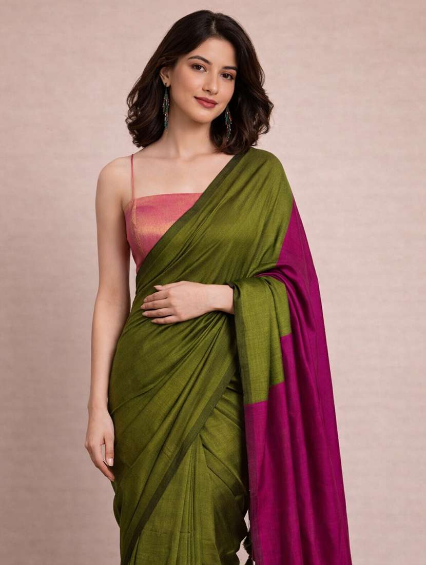 women solid handloom saree with blouse - 22615530 -  Standard Image - 1