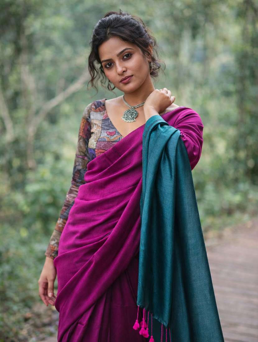 women solid handloom saree with blouse - 22615531 -  Standard Image - 1