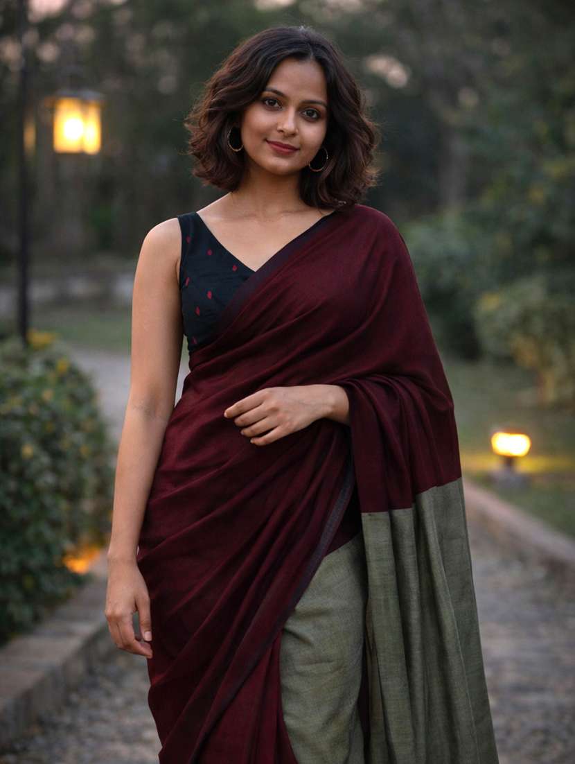 women solid handloom saree with blouse - 22615562 -  Standard Image - 1