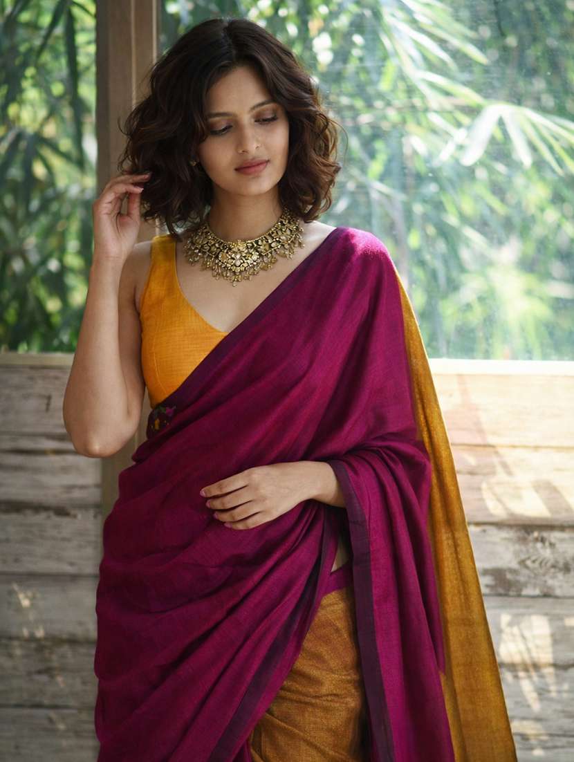 women solid handloom saree with blouse - 22615565 -  Standard Image - 1