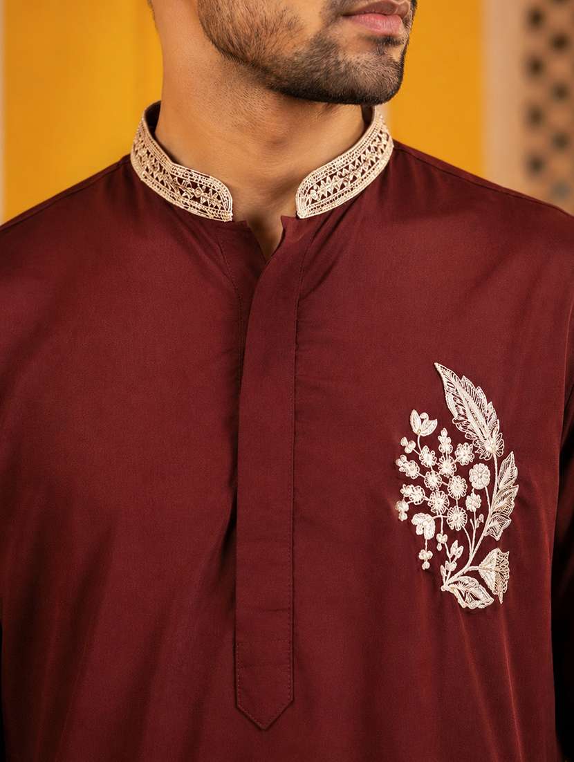men solid with work mandarin neck long kurta - 22615699 -  Standard Image - 1