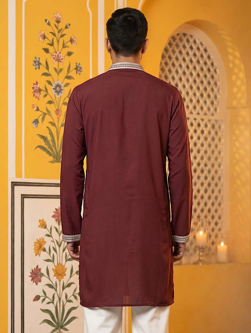 men solid with work mandarin neck long kurta - 22615699 -  Standard Image - 4