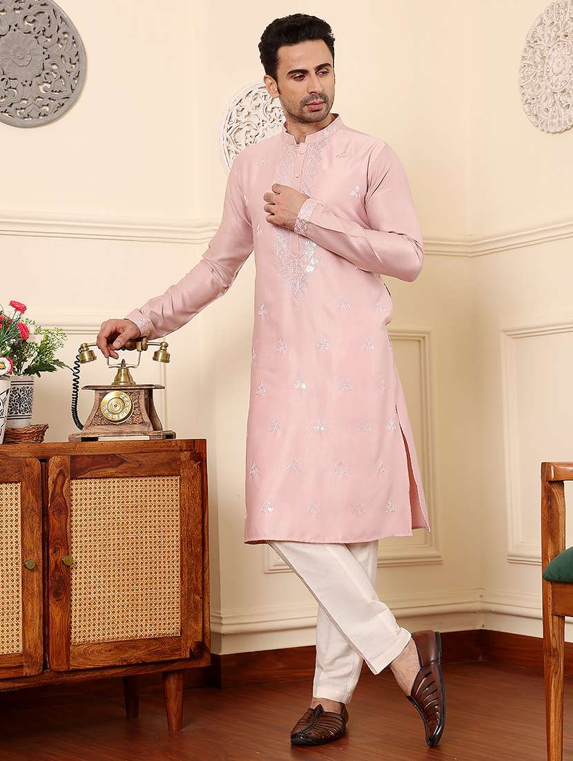 men embroidered mandarin neck kurta pyjama set