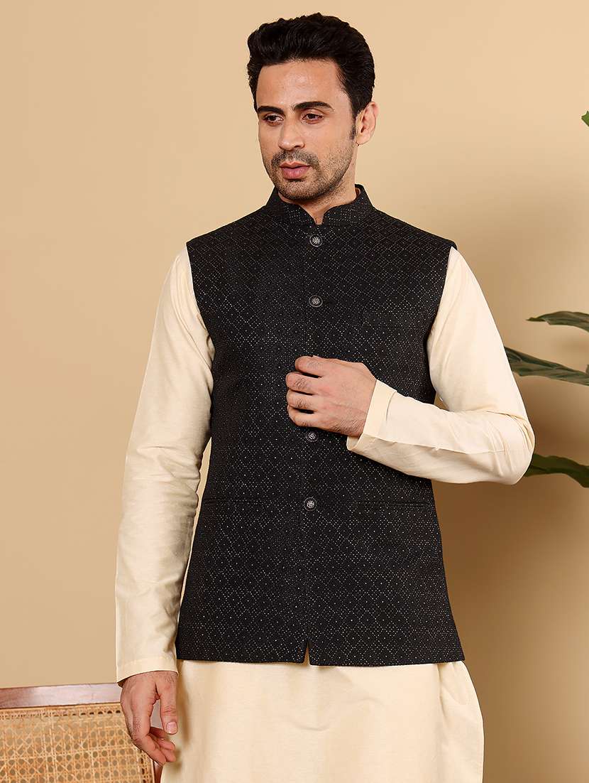 men self design sleeveless nehru jacket - 22615846 -  Standard Image - 1