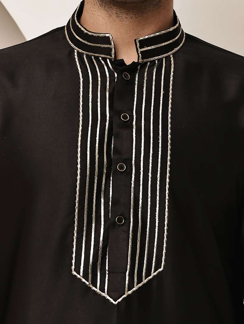 men solid with work mandarin neck long kurta - 22615974 -  Standard Image - 1