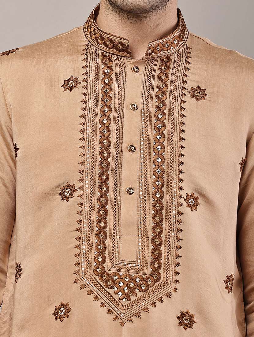 men solid with work mandarin neck long kurta - 22615976 -  Standard Image - 1