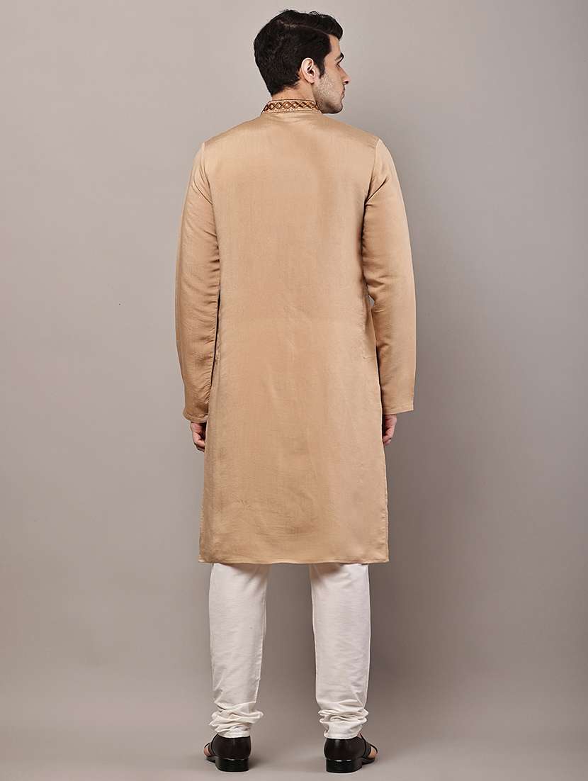 men solid with work mandarin neck long kurta - 22615976 -  Standard Image - 4