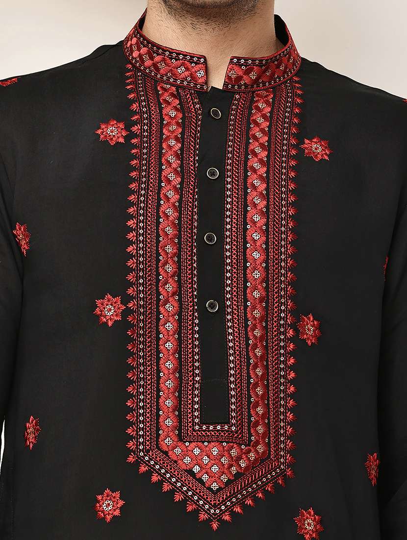 men solid with work mandarin neck long kurta - 22615977 -  Standard Image - 1