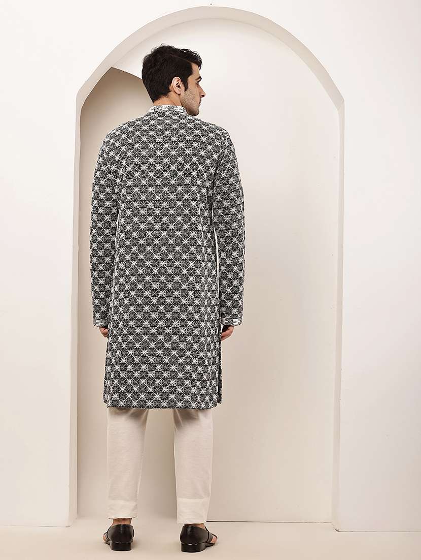 men solid with work mandarin neck long kurta - 22615978 -  Standard Image - 4
