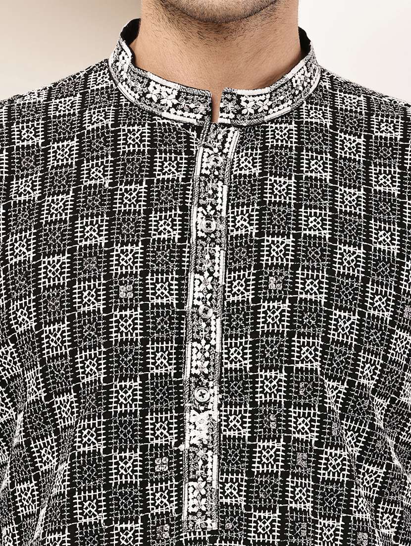men solid with work mandarin neck long kurta - 22615979 -  Standard Image - 1