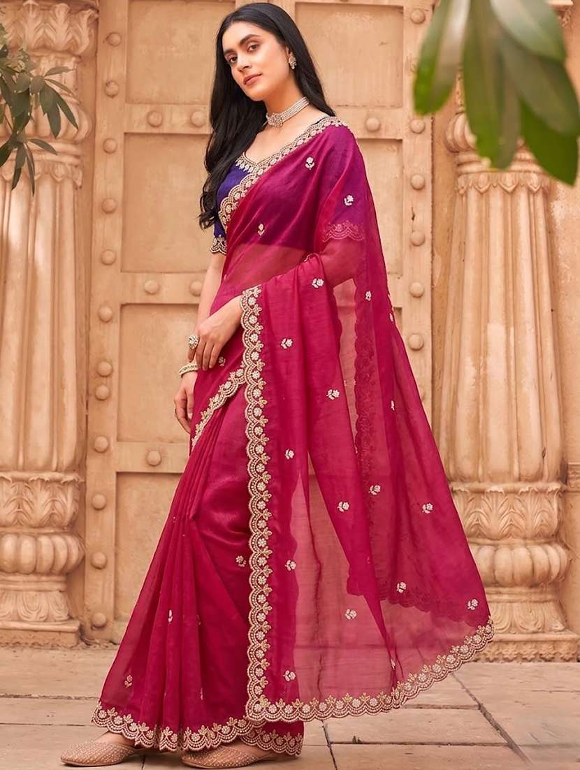Women Solid With Work Embroidered Saree With Blouse - 22616041 -  Standard Image - 1