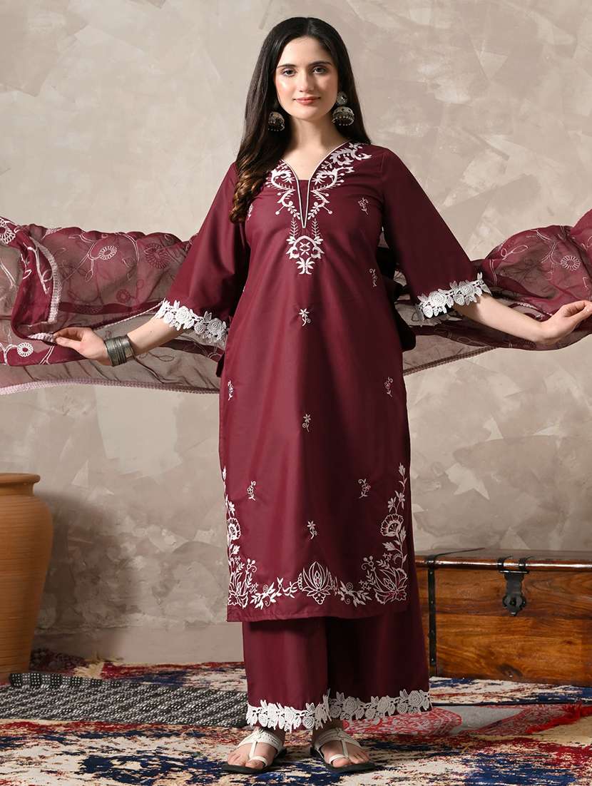 Women Embroidered Three Quarter Sleeves Kurta Palazzo Set With Dupatta - 22616100 -  Standard Image - 4