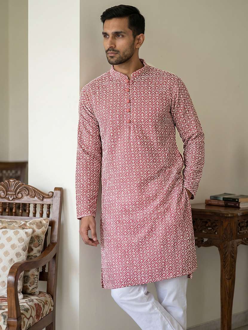 men solid with work mandarin neck kurta pyjama set - 22616133 -  Standard Image - 4