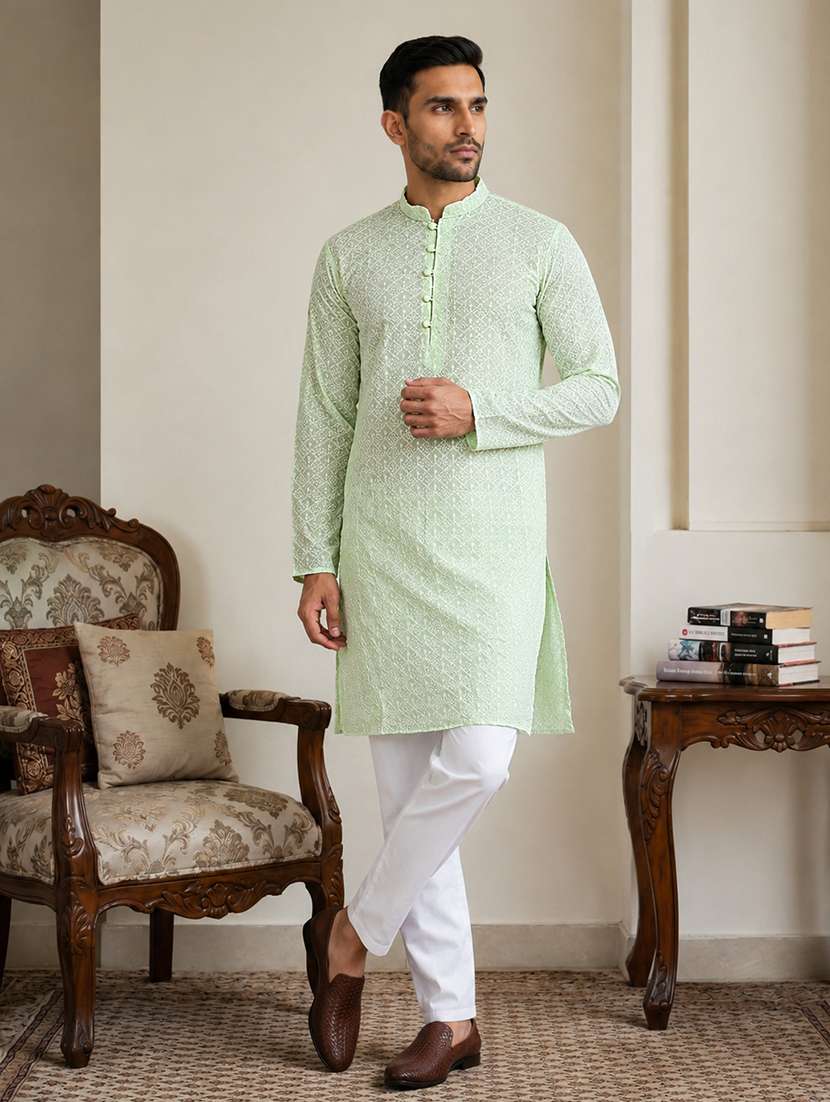 men solid with work mandarin neck kurta pyjama set