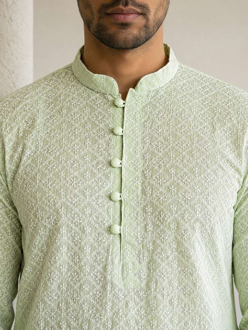 men solid with work mandarin neck kurta pyjama set - 22616134 -  Standard Image - 1