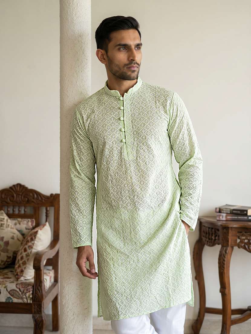 men solid with work mandarin neck kurta pyjama set - 22616134 -  Standard Image - 4