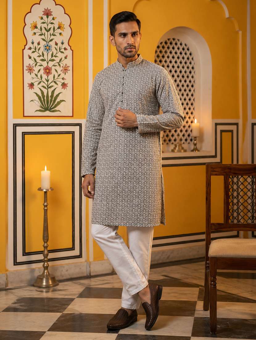 men solid with work mandarin neck kurta pyjama set