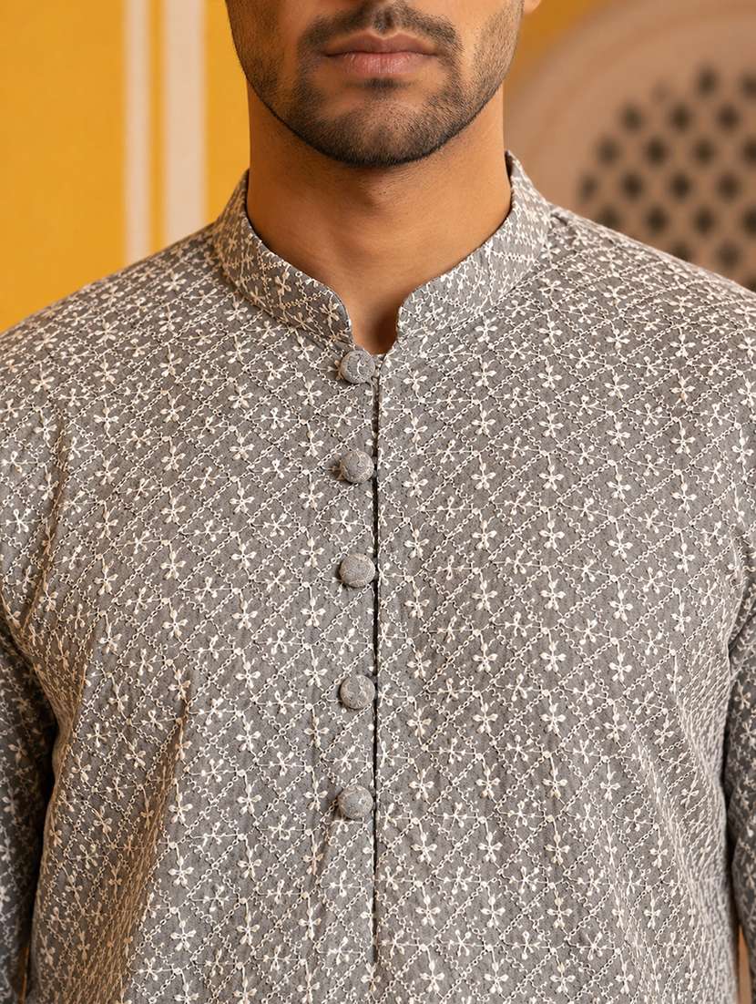 men solid with work mandarin neck kurta pyjama set - 22616135 -  Standard Image - 1