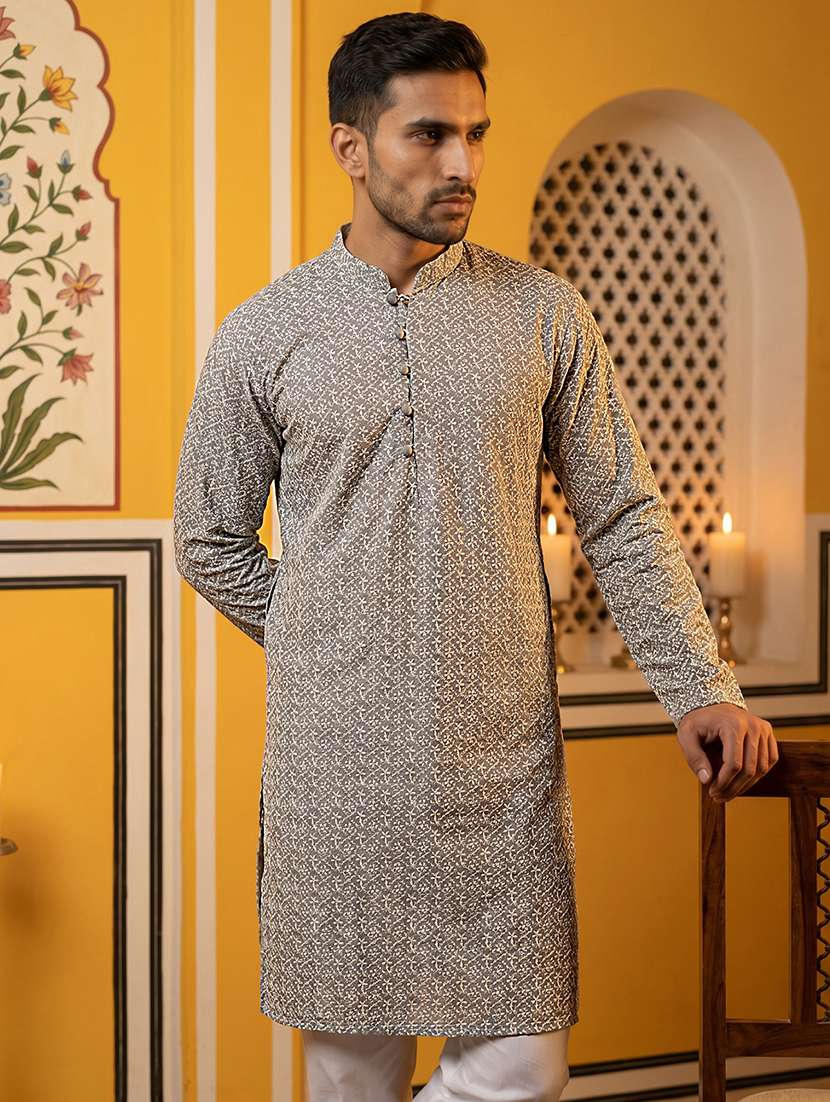 men solid with work mandarin neck kurta pyjama set - 22616135 -  Standard Image - 4