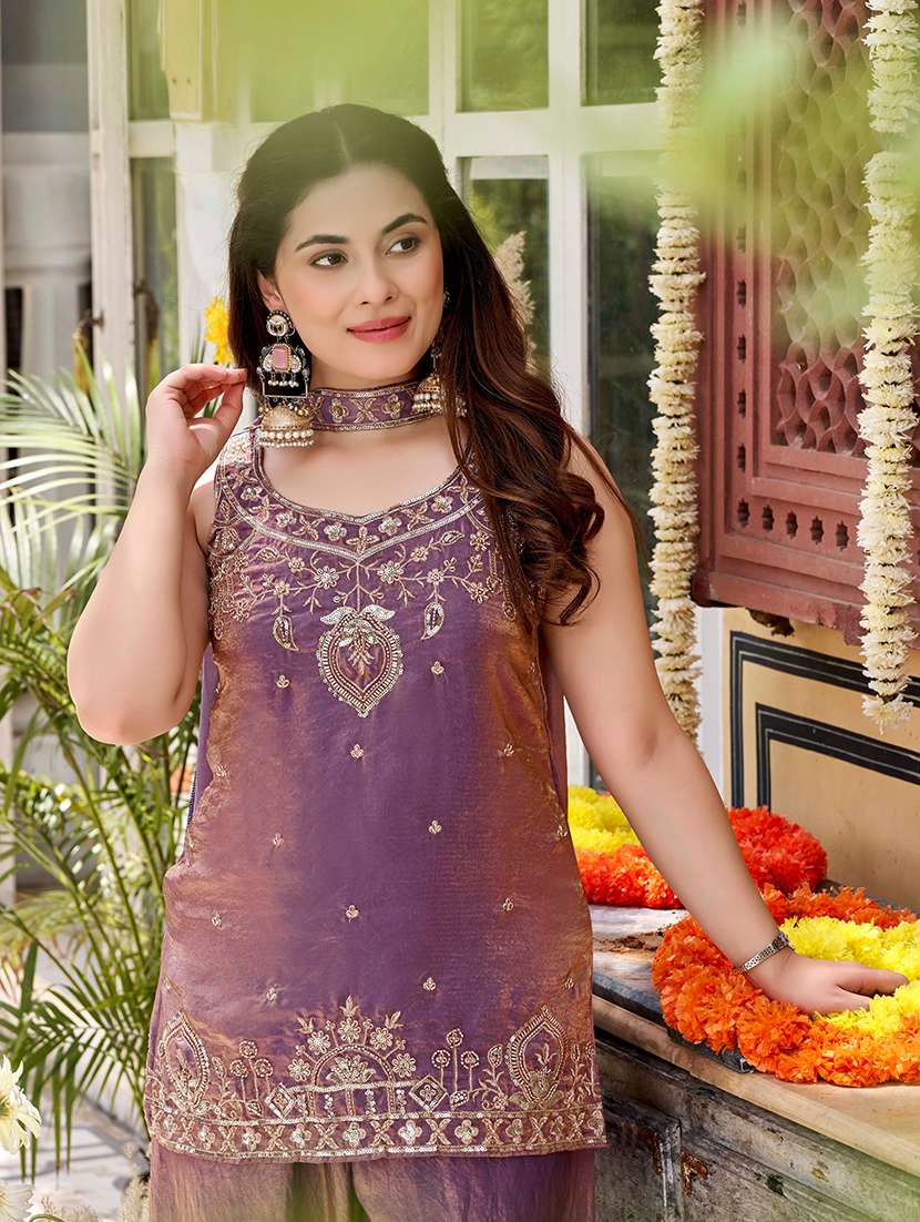 women embroidered sleeveless kurta palazzo set with dupatta - 22616271 -  Standard Image - 1
