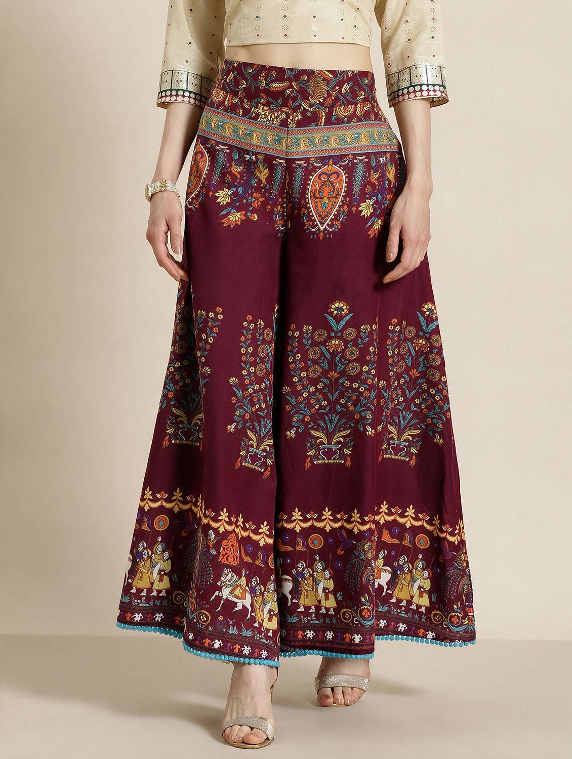 women printed mid rise flared palazzo