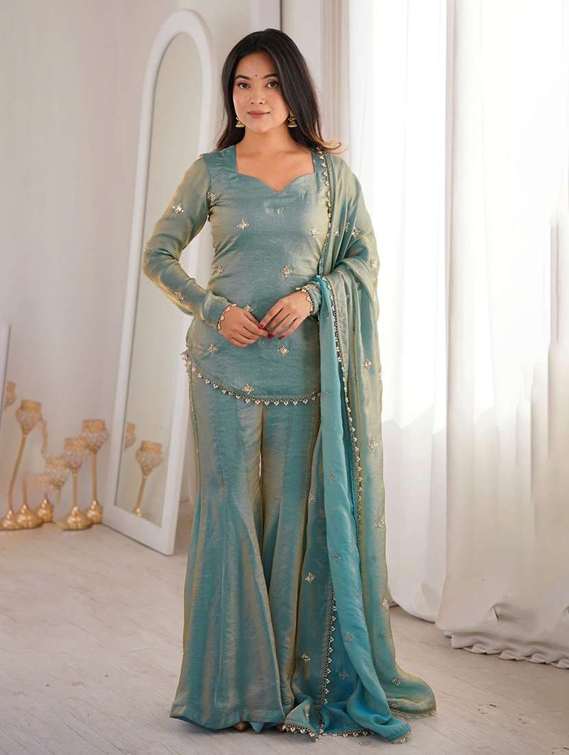 women embroidered long sleeves kurta sharara set with dupatta