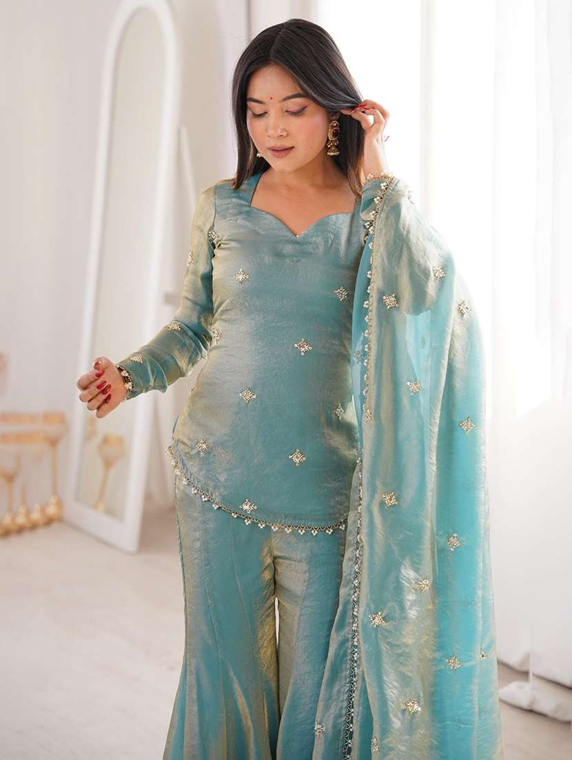 women embroidered long sleeves kurta sharara set with dupatta - 22616328 -  Standard Image - 1