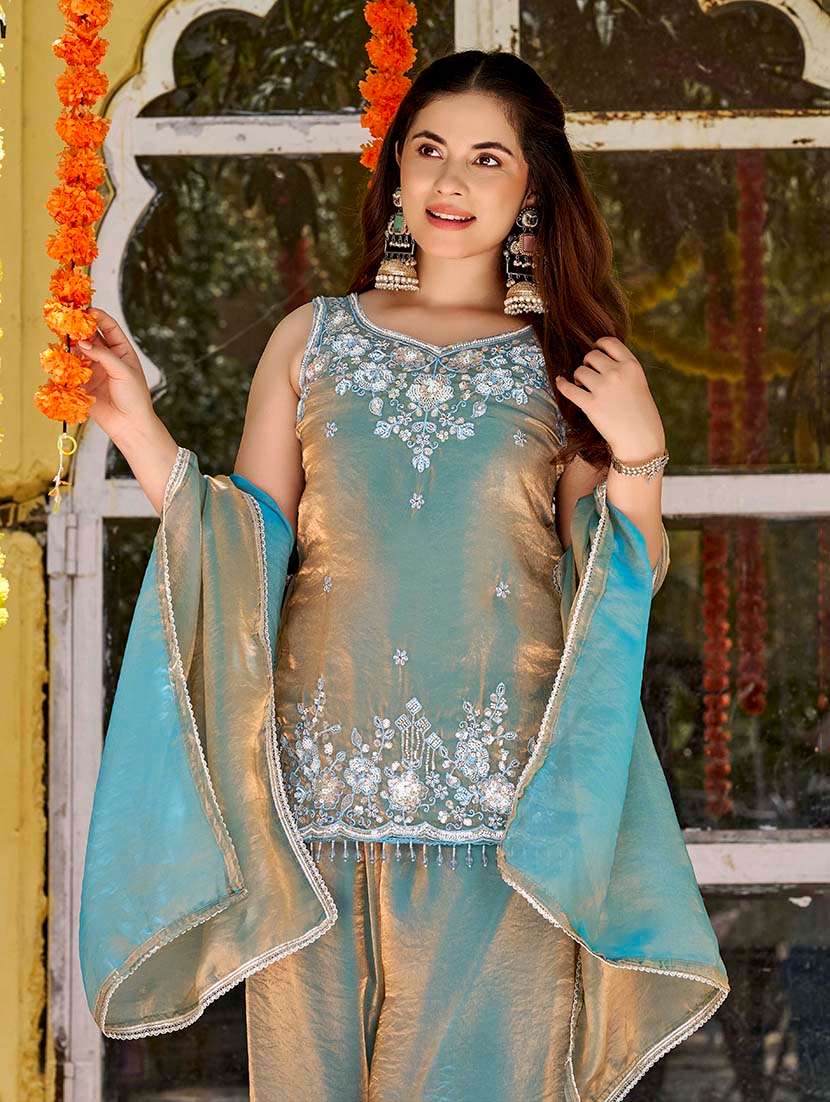 women embroidered sleeveless kurta palazzo set with dupatta - 22616338 -  Standard Image - 1