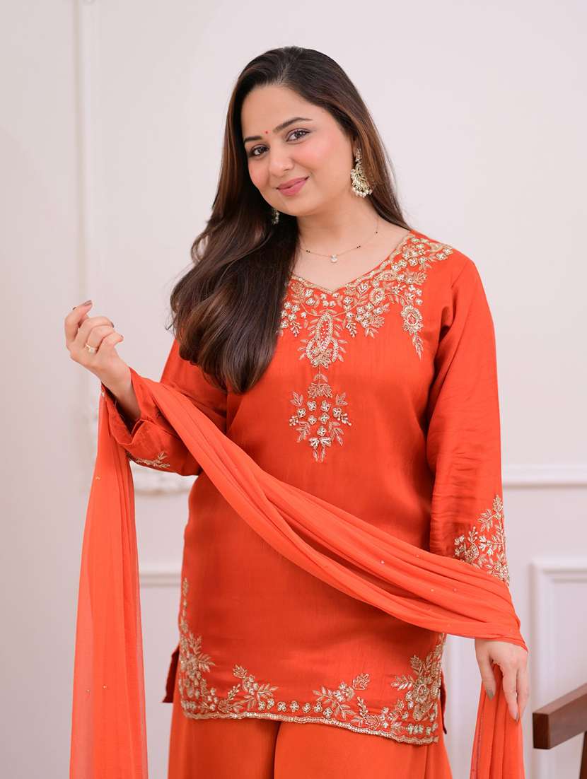 women embroidered long sleeves kurta sharara set with dupatta - 22616355 -  Standard Image - 1