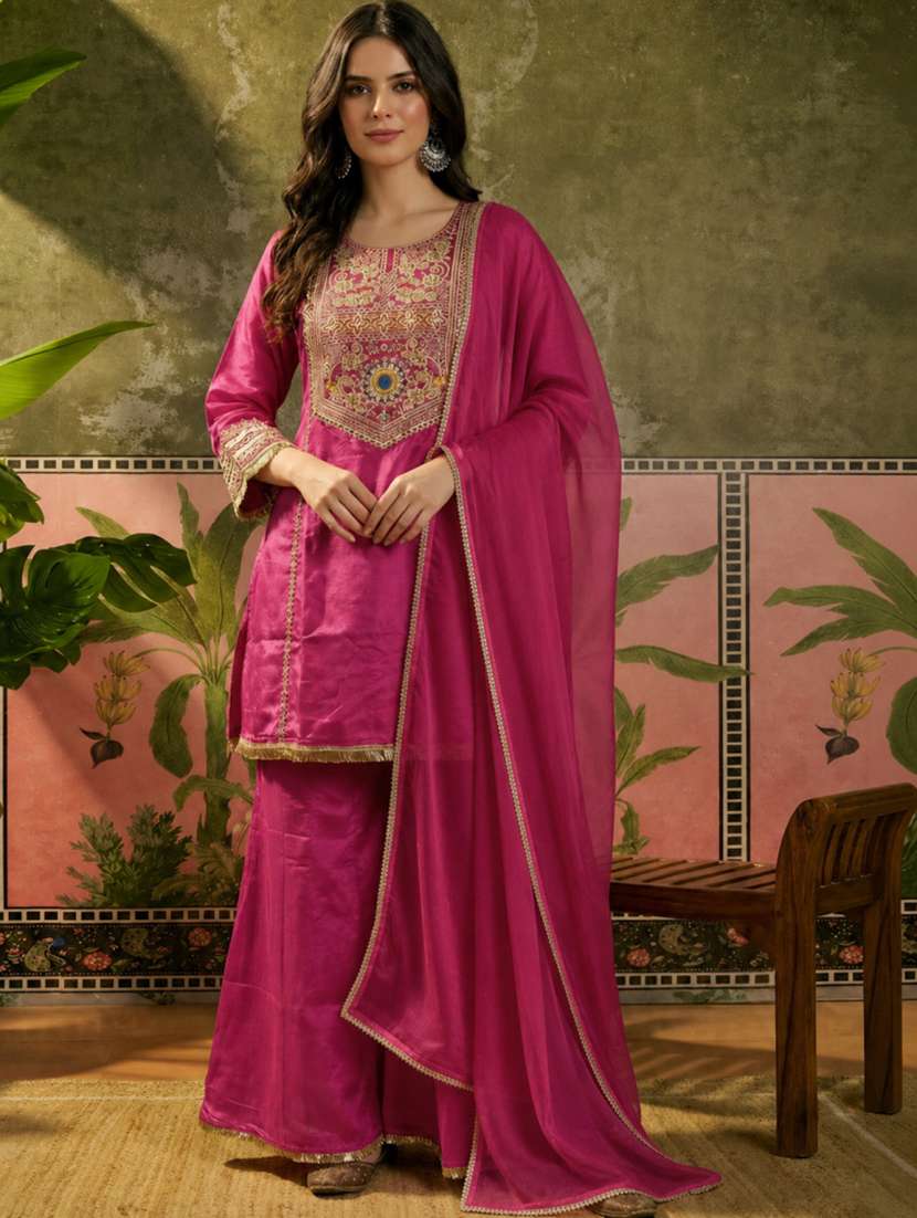 women embroidered three quarter sleeves kurta sharara set with dupatta