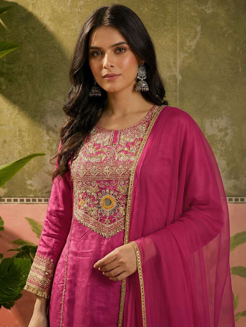 women embroidered three quarter sleeves kurta sharara set with dupatta - 22616367 -  Standard Image - 4