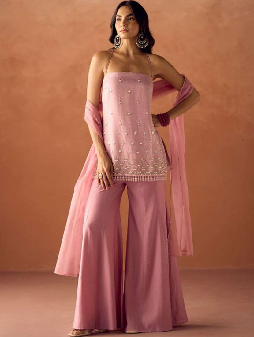 women embroidered shoulder strap kurta sharara set with dupatta