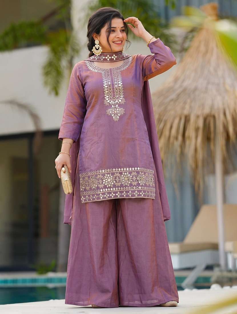 women embroidered three quarter sleeves kurta palazzo set with dupatta