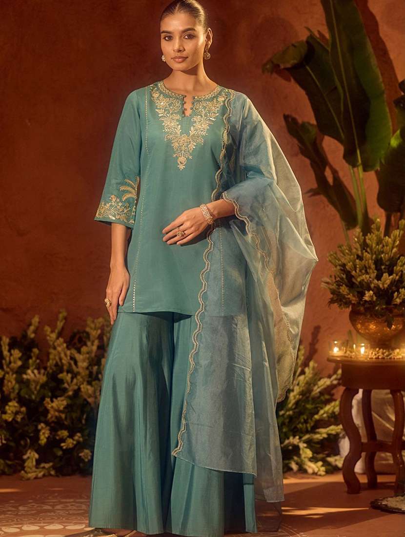 women embroidered three quarter sleeves kurta sharara set with dupatta