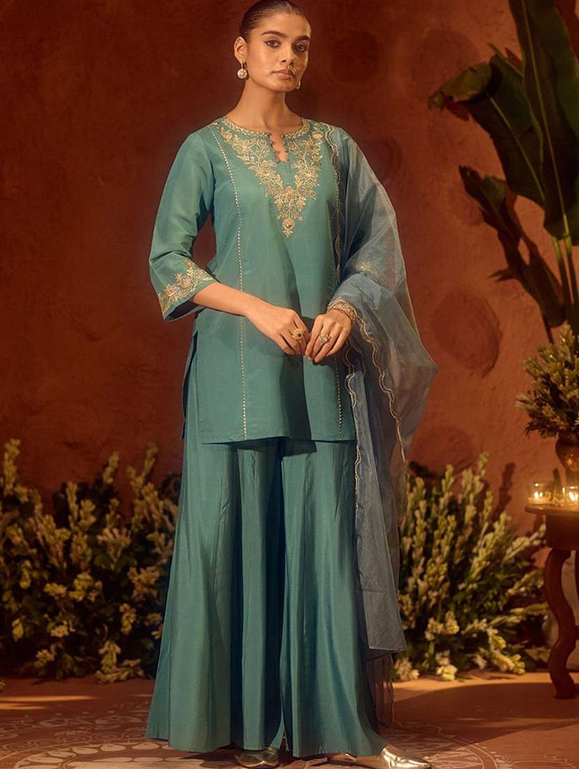 women embroidered three quarter sleeves kurta sharara set with dupatta - 22616375 -  Standard Image - 1