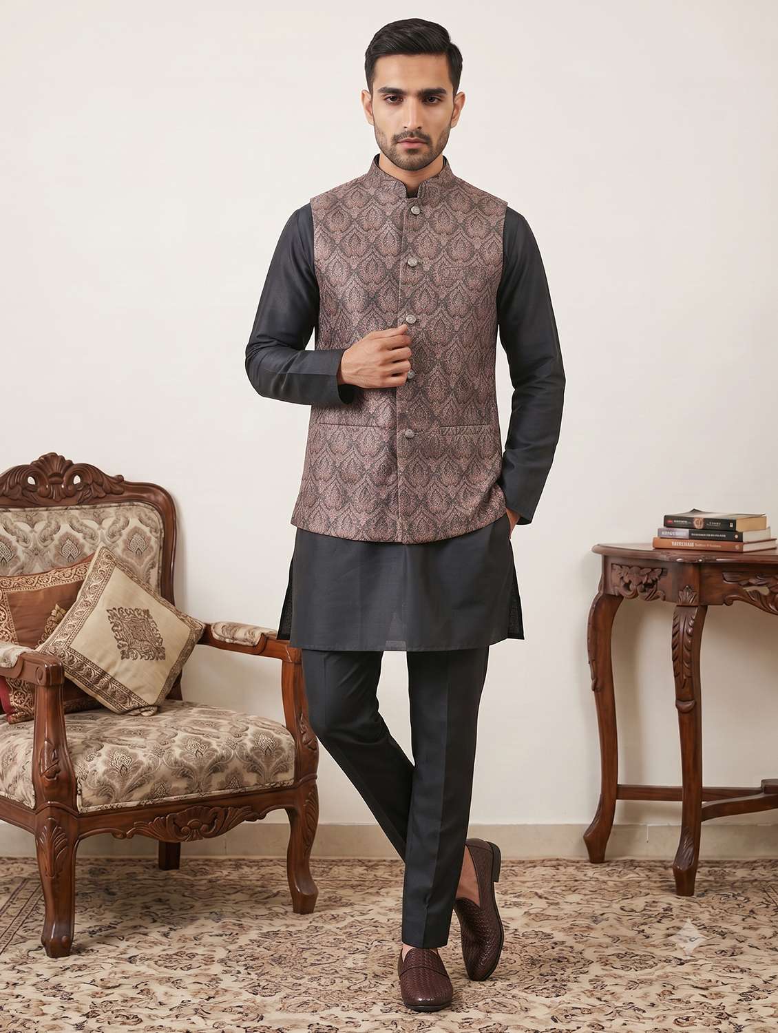 men printed mandarin neck kurta pyjama with jacket set