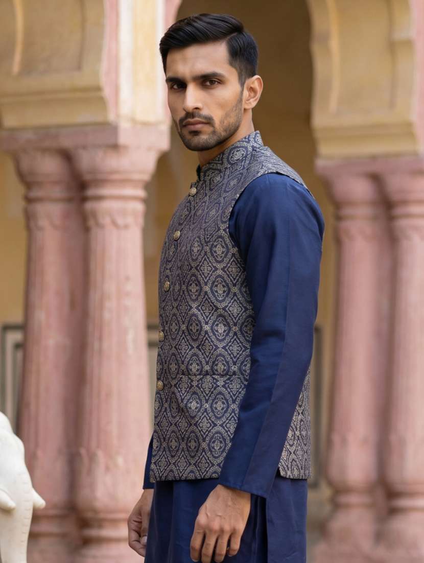 men self design mandarin neck nehru jacket - 22616552 -  Standard Image - 4