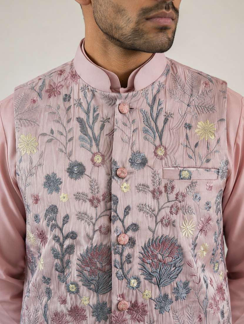 Men Solid With Work Mandarin Neck Nehru Jacket - 22616562 -  Standard Image - 1