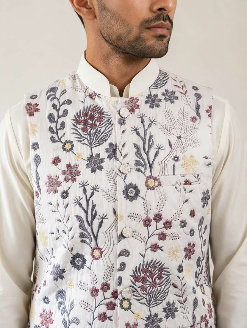 Men Solid With Work Mandarin Neck Nehru Jacket - 22616563 -  Standard Image - 1