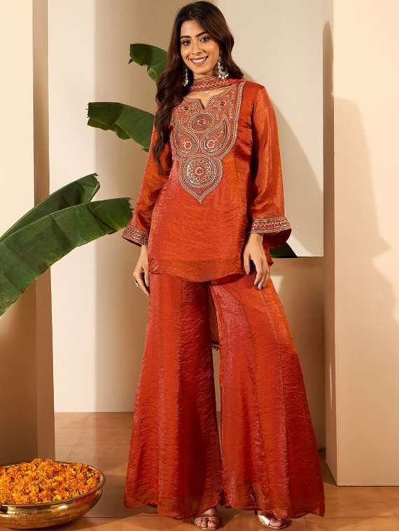 women embroidered long sleeves kurta sharara set with dupatta