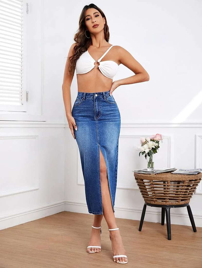 women washed high rise straight skirt - 22616962 -  Standard Image - 4