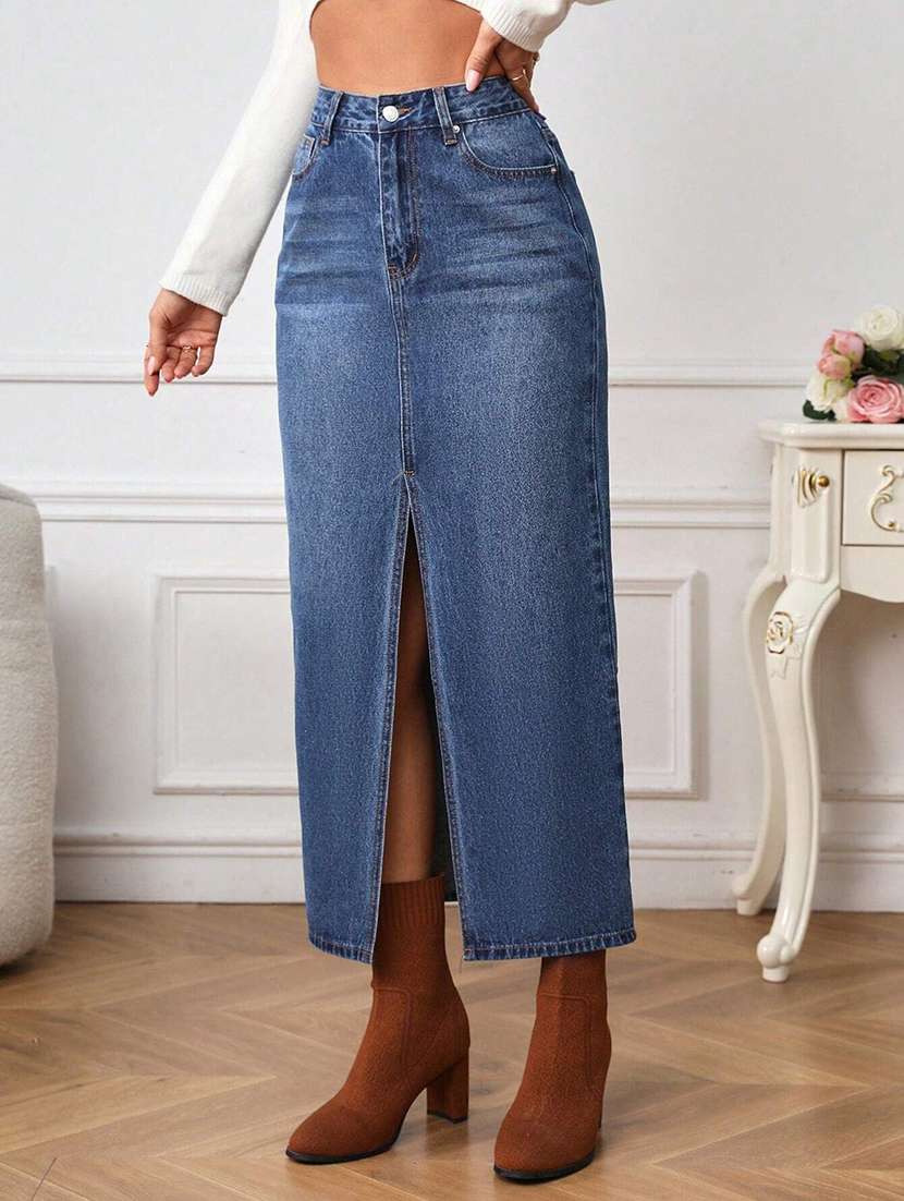 women solid high rise straight skirt - 22616964 -  Standard Image - 1