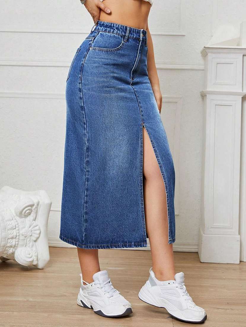 women solid high rise straight skirt - 22616965 -  Standard Image - 4