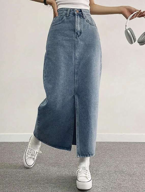 women solid high rise long skirt
