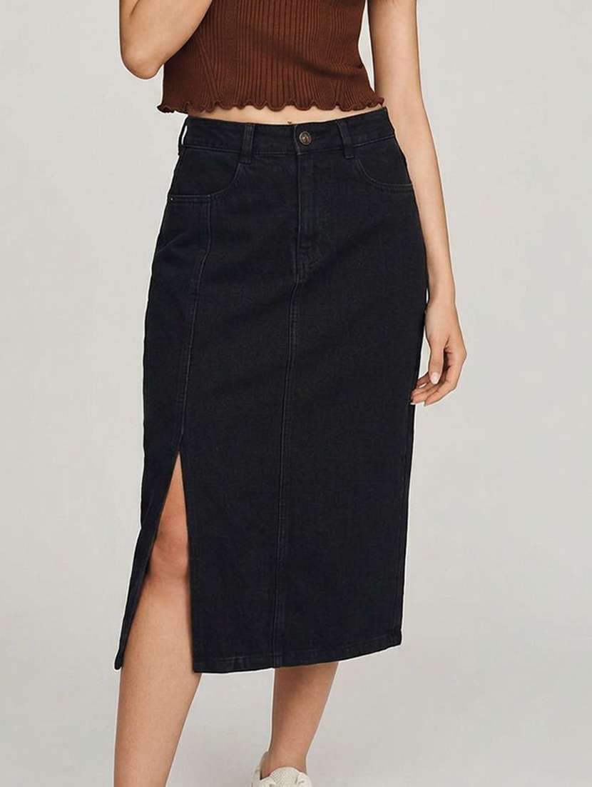 Women Solid High Rise Denim Skirt - 22617015 -  Standard Image - 1