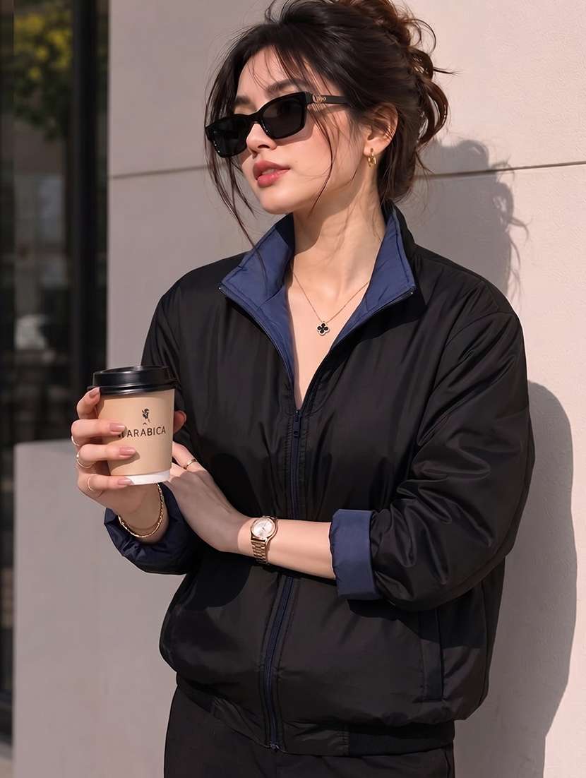 women solid long sleeves reversible jacket - 22618471 -  Standard Image - 1