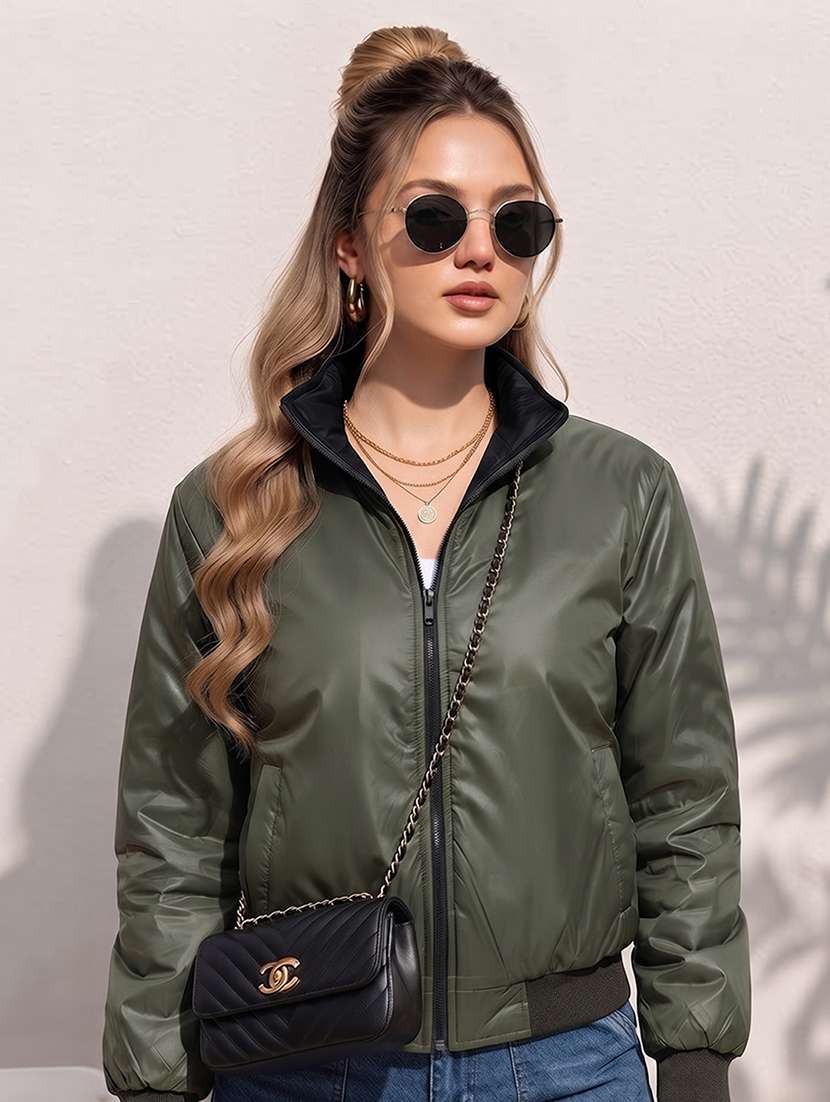 women solid long sleeves reversible bomber jacket - 22618474 -  Standard Image - 1