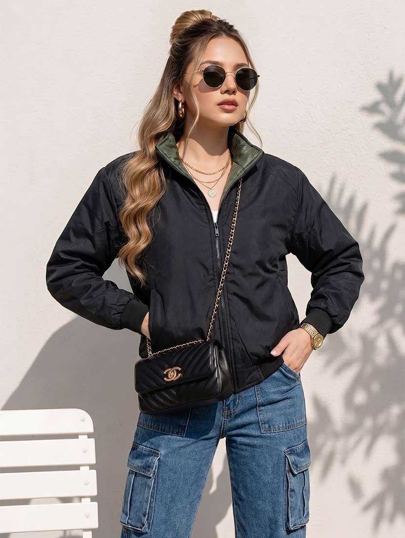 women solid long sleeves reversible bomber jacket - 22618474 -  Standard Image - 4