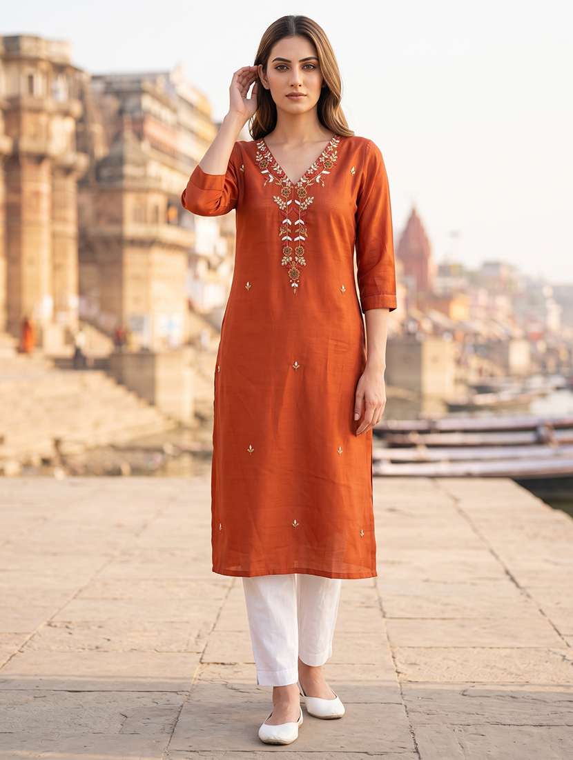 women embroidered three quarter sleeves straight kurta