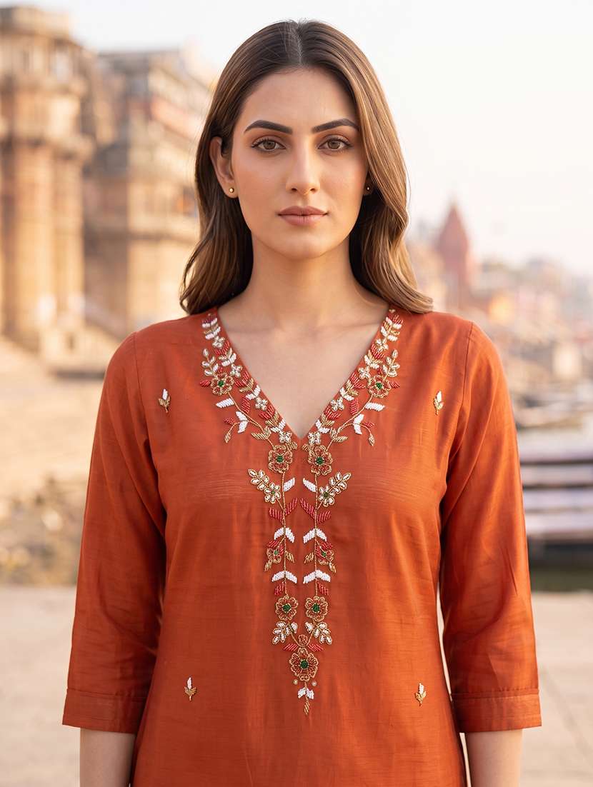 women embroidered three quarter sleeves straight kurta - 22618477 -  Standard Image - 1
